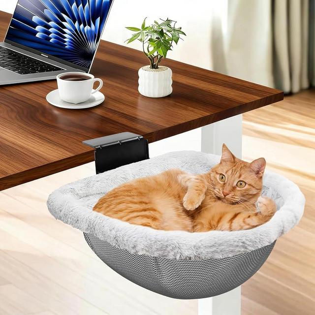 JinxZap Stable Cat Desk Bed with Heavy-Duty Clamp | Sunken Hammock Design & Faux Rabbit Fur for Comfort, Removable & Washable Bed, Holds Up to 40lbs, Space Saving Cat Perch for Home Office