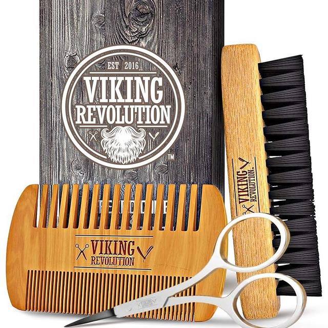 Viking Revolution Beard Comb & Beard Brush Set for Men - Natural Boar Bristle Brush and Dual Action Pear Wood Comb w/Velvet Travel Pouch - Great for Grooming Beards and Mustaches