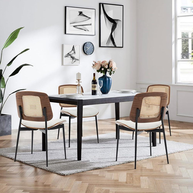LUNLING Dining Chairs Set of 4 Mid Century Modern Retro White Faux Leather Kitchen Chairs with Walnut Bentwood Upholstered Seat Metal Legs Chair Adjustable Foot for Kitchen Dining Room