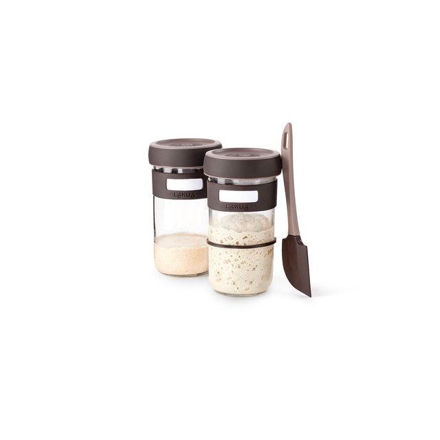 Lekue Sourdough Starter Set with 2 Jars and Silicone Spatula, Brown