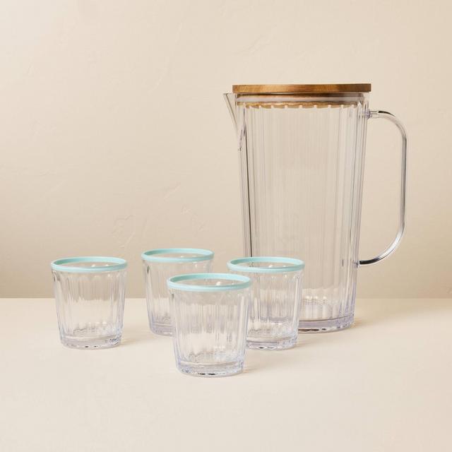 6pc Ribbed Plastic Pitcher and Glass Serving Set Clear/Blue - Hearth & Hand™ with Magnolia