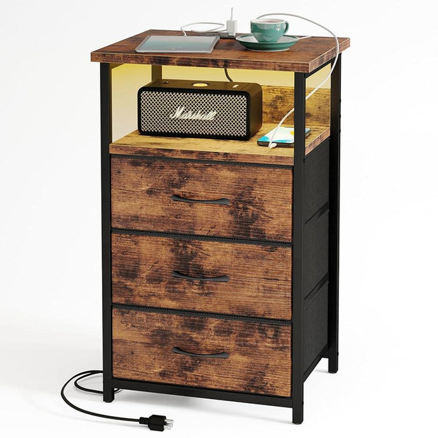 Fixwal Night Stand with Charging Station, LED Nightstand with Fabric Drawers, End Table with PU Finish, Bed Side Table, Rustic Brown