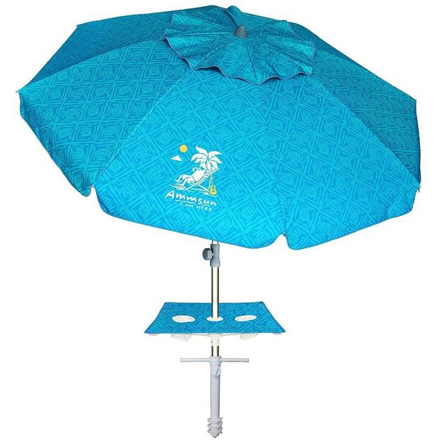 AMMSUN Beach Umbrella with Sand Anchor & Table Tray, Portable Heavy Duty 6.5ft Sun Outdoor Umbrella, UV 50+ Protection, Carry Bag for Beach, Patio, Pool and Garden, Sky Blue Paint