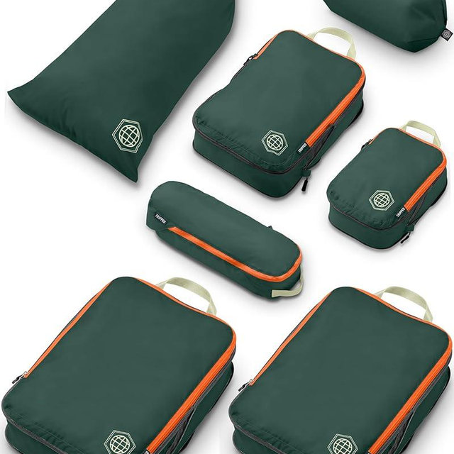 Large Compression Packing Cubes for Travel-Packing Cube Luggage Organizers 7 Piece Set for Checked Luggage-Ultralight, Expandable/Compression Bags by TRIPPED Travel Gear (Green/Orange)