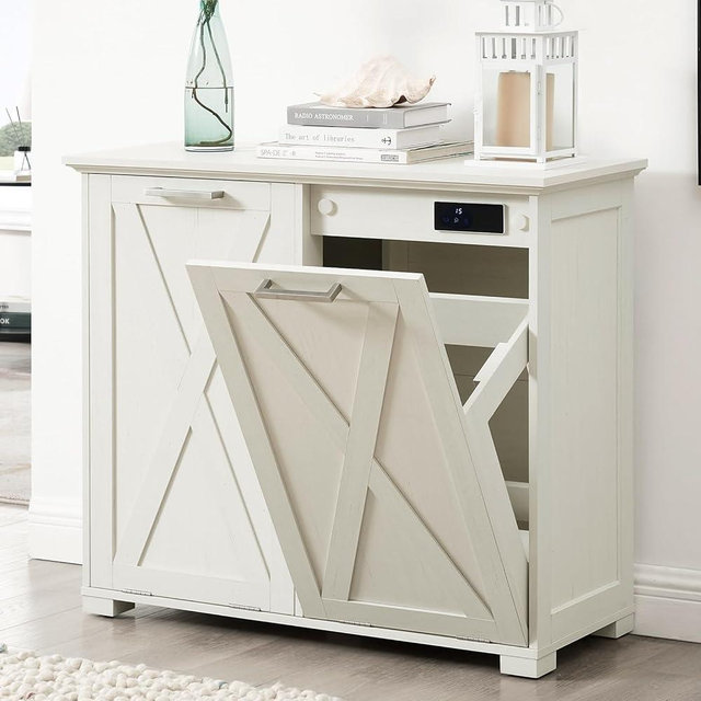 Tilt Out Trash Can Cabinet, 20-Gallon Recycling Garbage Can with Deodorising Function, Pull-Out Trash Storage Cabinet for Kitchen/Bedroom/Laundry with Spacious Wood Top, White