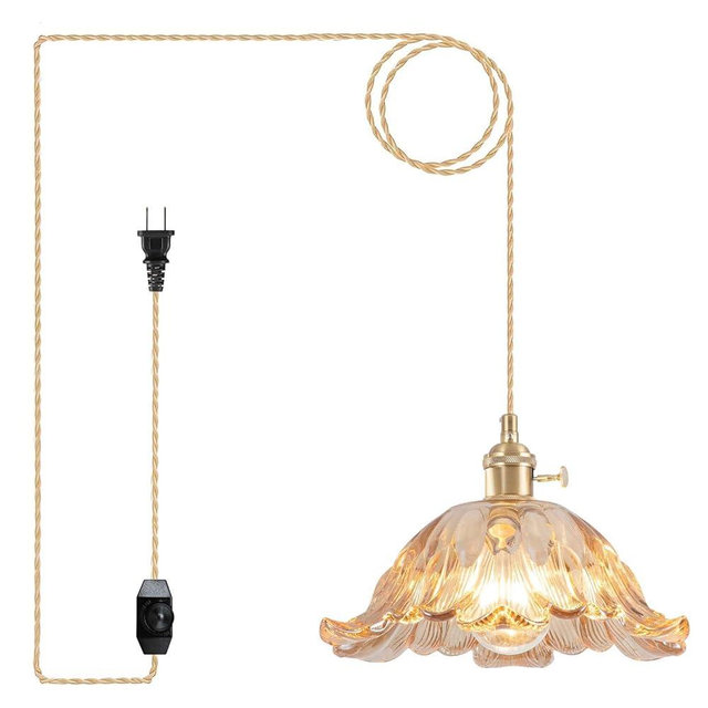 Loiogohot Plug in Pendant Light Fixtures,Hanging Light Fixture Flower Amber Glass Pendant Light 8.7 inch E26 Pendant Lighting for Kitchen Island, Bedroom, Dining Room, Living Room