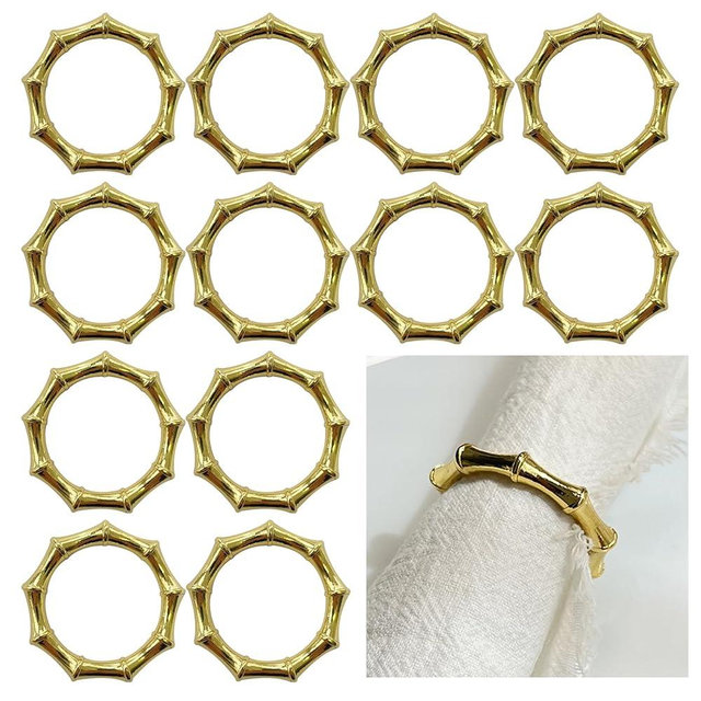 Gold Napkin Rings Set of 12 Bamboo Napkin Rings Metal Napkin Ring Holder for Table Decoration, Dinner Party, Wedding