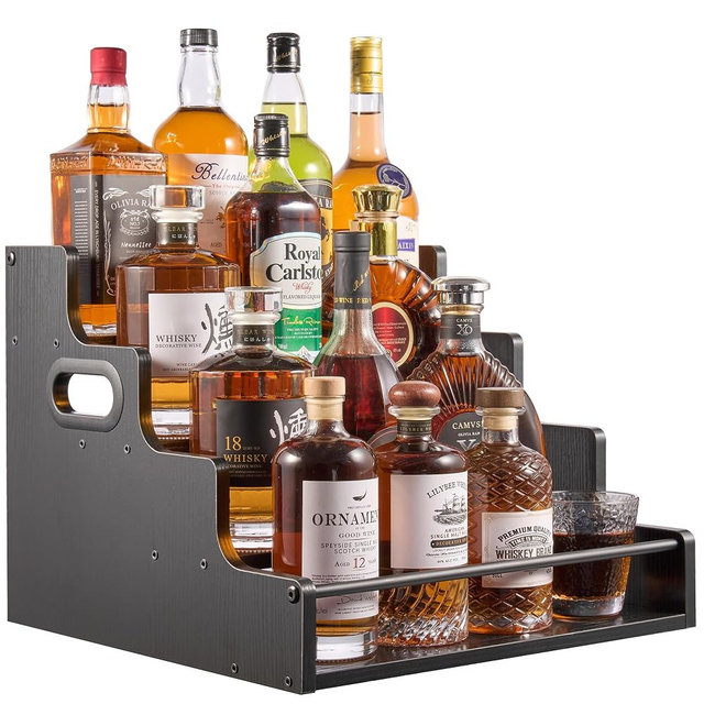 YQBRAO 4-Tier Liquor Bottle Display Shelf, Coffee Syrup Rack Organizer, Water Bottle Organizer, Mini Bar Cabinet, Rustic Bar Shelves for Liquor Whiskey, Spirits（Black）