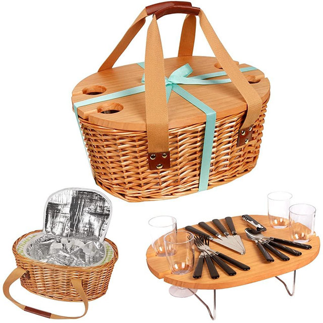 Hap Tim Wicker Picnic Basket Set for 4 with Mini Folding Wine Picnic Table & Large Insulated Cooler Bag & Cutlery Service Kits for 4 Person, Couples Gifts, Wedding Gifts (Y2209-4-GR)