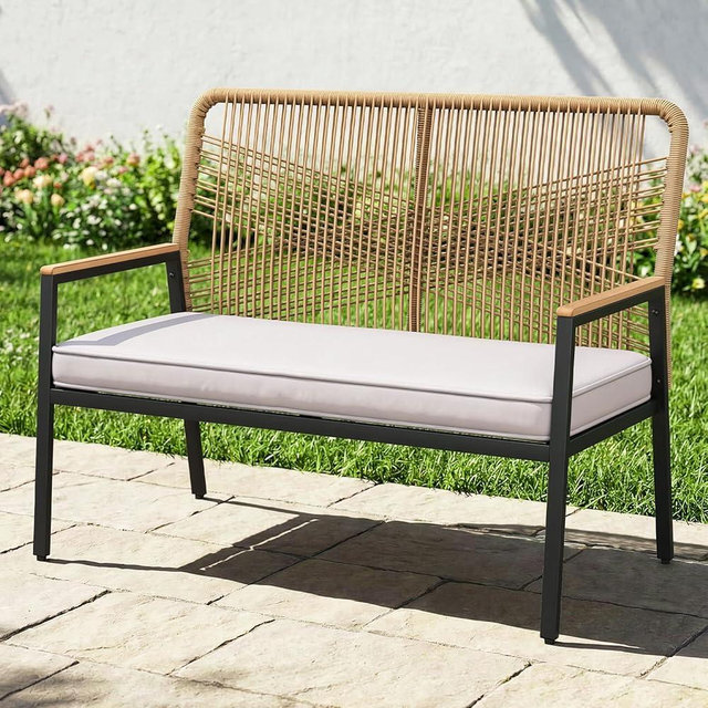 LIFERUN 2-Seat Patio Bench, Wide Outdoor Rattan Love Seat Bench with 3.15in Thick Cushion, Ergonomic Curved Backrest, WPC Armrest, 500 lbs Capacity, for Garden, Balcony, Porch, Beige