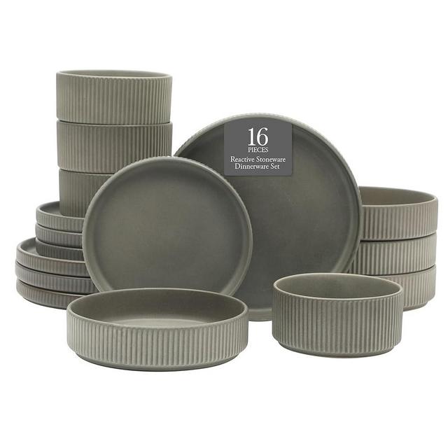 Gibson Elite Deerfield 16-Piece Stoneware Dinnerware Set – Soft Grey Reactive Glaze, Stackable Plates and Bowls, Service for 4 – Microwave & Dishwasher Safe