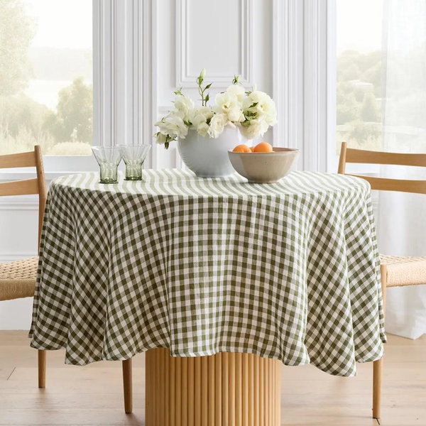 European Linen Tablecloth, 70” Round, Olive Gingham