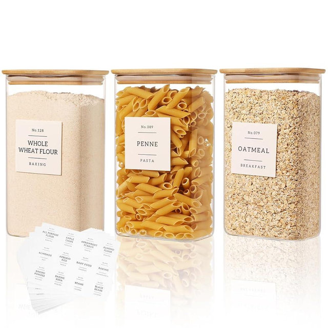 3 Pack Square Glass Pantry Storage Containers with 132 Kitchen Food Pantry Labels - 51 floz Clear Glass Pantry Jars with Airtight Wood Bamboo Lids - Glass Canisters for Candy, Cereal, Coffee, Spice