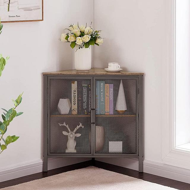 VECELO 3-Tier Corner Shelf Metal Frame Storage Cabinet Organizer with Ventilation Protection Door for Bedroom/Living Room/Kitchen/Bathroom/Entryway, Grey