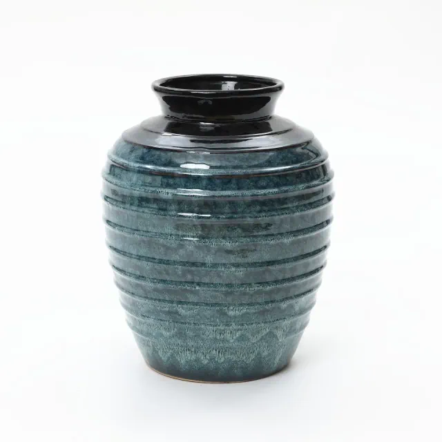 LuxenHome Rippled Blue with Brown 15.75-Inch Tall Round Ceramic Vase, Decorative Home Accent