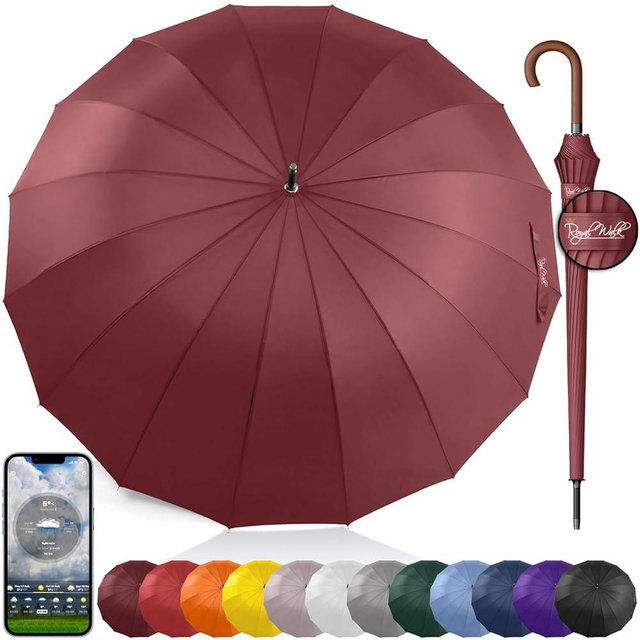 Royal Walk Large Windproof Umbrella for 2 People, 54 Inch, Dark Red, Aluminum Frame, 16 Ribs, Wooden Handle, Auto Open, Carry Sleeve, 2 Years Replacement Guarantee
