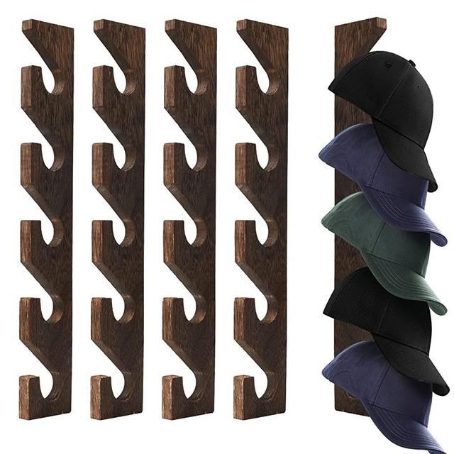 Hat Rack for Baseball Caps Wooden Wall Mount Holder Vertical Organizer Cabinet Hanger Closet with 5 Wood Hooks for Hats Scarves in Door Entryroom Bedroom Laundry Washer-4 Pack (4)