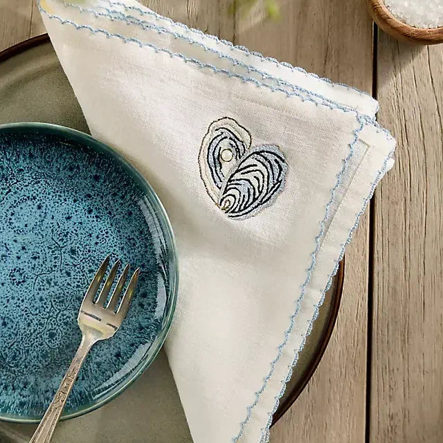 Embroidered Seafood Linen Napkins, Set of 2