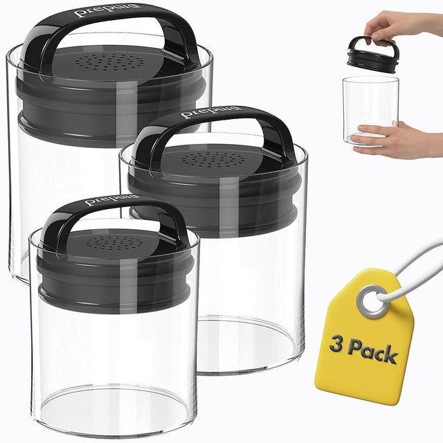 Prepara Evak Fresh Saver Short Vacuum Seal Canisters, Assorted Sizes - Grip Handle Lid, BPA Free Twin-Valve Airtight Jar for Coffee, Tea, Snacks - Pantry Organizer & Compact Kitchen Storage (3-Pack)