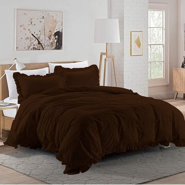 Xtream Fabric Ultra Soft 1 Piece Frilled Duvet Cover with Beautiful Corner Edge Ruffle Comforter Cover 100% Cotton 800 TC Solid King/California King Size, Chocolate