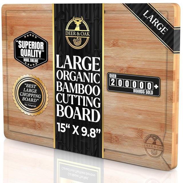 Deer & Oak Large Bamboo Chopping Board 15" x 9.8" x 0.8", Premium Wooden Kitchen Cutting Board for Meat & Vegetables, Pre-Oiled, Water Resistant, Knife-Friendly