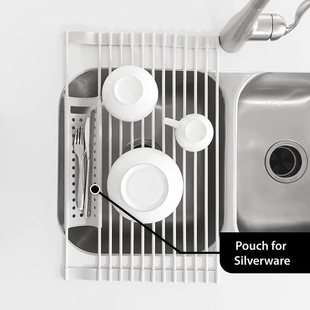 Over Sink Dish Drying Rack | Durable Roll Up Dish Drying Rack with Silverware Holder, Foldable, & Easy-Rinse with Silicone Coating Dish Drainer | Space-Saver Accessory for Sink & Camping (21"x13")…