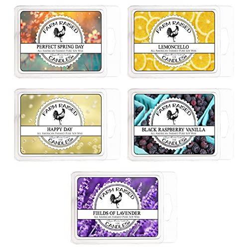 All American Made Farm Raised Candles Spring Assorted 5 Pack. 15 Ounces Essential Oil Scented Soy Wax Melts. Lavender, Happy Day, Limoncello, Perfect Spring, Black Raspberry Vanilla