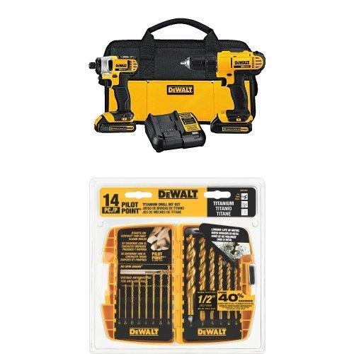 DEWALT DCK240C2 20v Lithium Drill Driver/Impact Combo Kit (1.5Ah) w/ DW1354 14-Piece Titanium Drill Bit Set