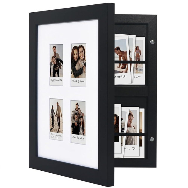 Americanflat 9x11 Picture Frame with Storage - Fits Four 2x3 Instant-Print Photos - Quick Change Storage Frames Hold up to 100 Photos - Collage Picture Frame for Tabletop and Wall Display - Black