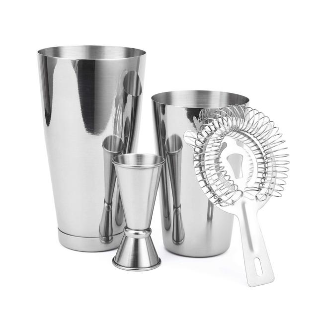 Cocktail Shaker Set: 4pc Boston Shaker Set with Premium Bartender 28oz Weighted 18oz Unweighted Martini Drink Shaker, Japanese Jigger, Hawthorne Strainer - Stainless Steel Bar Tools - Cresimo