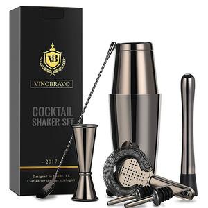 Boston Cocktail Shaker Bar Set By VinoBravo: 18oz & 28oz Weighted Shaker Tins, Hawthorne Cocktail Strainer, Double Jigger, 12'' Mixing Spoon, 7'' Drink Muddler and Recipes (Black)