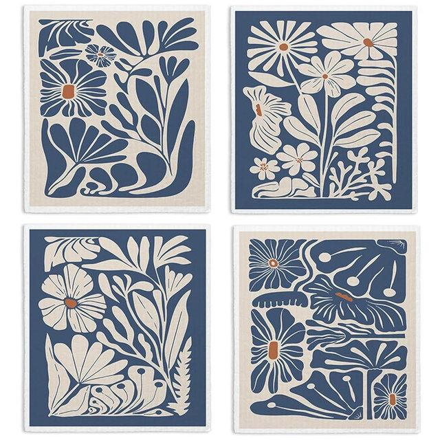 LARTSFRO Spring Flower Swedish Dishcloths for Kitchen, Boho Navy Blue Swedish Dish Cleaning Cloths for Floral, 4 Pack Dish Towels for Kitchen, Papaya Reusable Paper Towels Washable