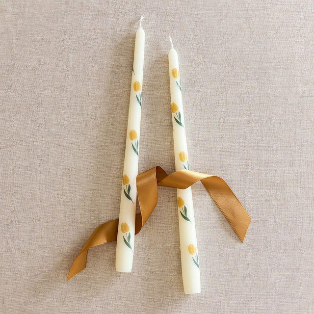 Tulip Taper Candles, Set of 2, Yellow Tulips