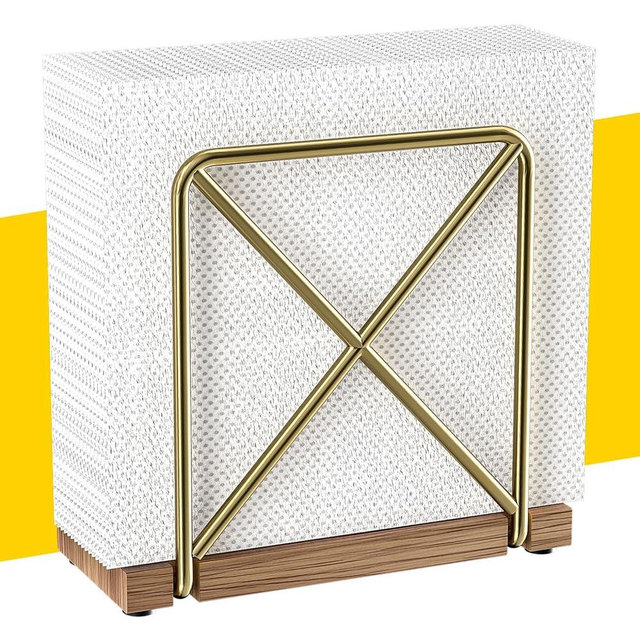 DRPORONYN Napkin Holder for Table - Securely Holds Cocktail Napkins, Robust Metal and Wood Construction, Stylish Napkin Dispenser for Kitchen, Bar, or Outdoor, Keeps Paper Napkins Organized, Gold