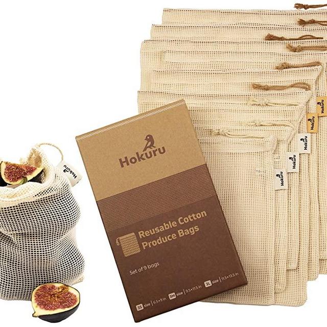 HOKURU Reusable Produce Bags - 100% Cotton Bags for Shopping, Storage - Eco-Friendly Biodegradable Mesh Bag for Fruits, Vegetables, Grocery - Washable Cotton Drawstring Bag - Set of 9pcs