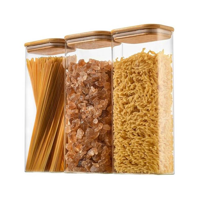 D2scrma 71oz Rectangle Airtight Glass Storage Containers with Bamboo Lids (Set of 3), Square Food Storage Jar, Pantry Organizers for Sugar, Flour, Spaghetti and Coffee beans (‎with Black Lable)
