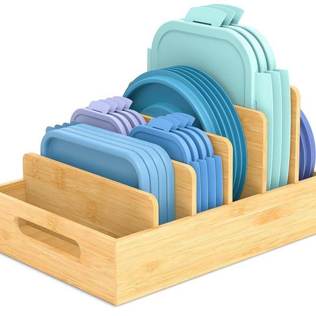 Retro Shaw Food Container Lid Organizer with Tall Dividers, Bamboo Lid Organizer for Plastic Lids and Covers, Lid Organizer with Adjustable Dividers for Kitchen Cabinet Drawer Organization Storage