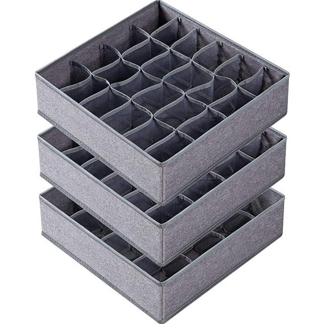 3 Pack Sock Underwear Organizer Dividers, 64 Cell Fabric Foldable Cabinet Closet Organizers and Storage Boxes for Storing Socks, Underwear, Ties (16+24+24 Cell, Gray)