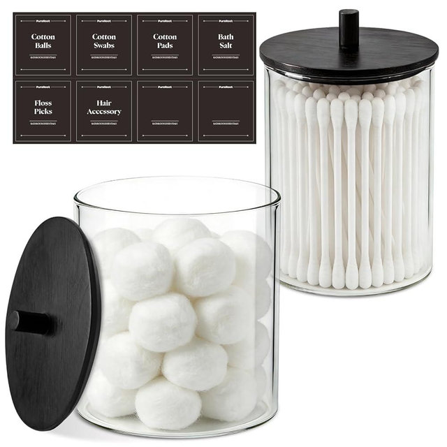 PureRoot Glass Qtip Holder Dispenser Set - 15oz & 10oz Cotton Swab Holder with Black Wooden Lids, Bathroom Canisters Apothecary Jar Vanity Storage Organizer for Cotton Balls, Floss Picks (2 Pack)