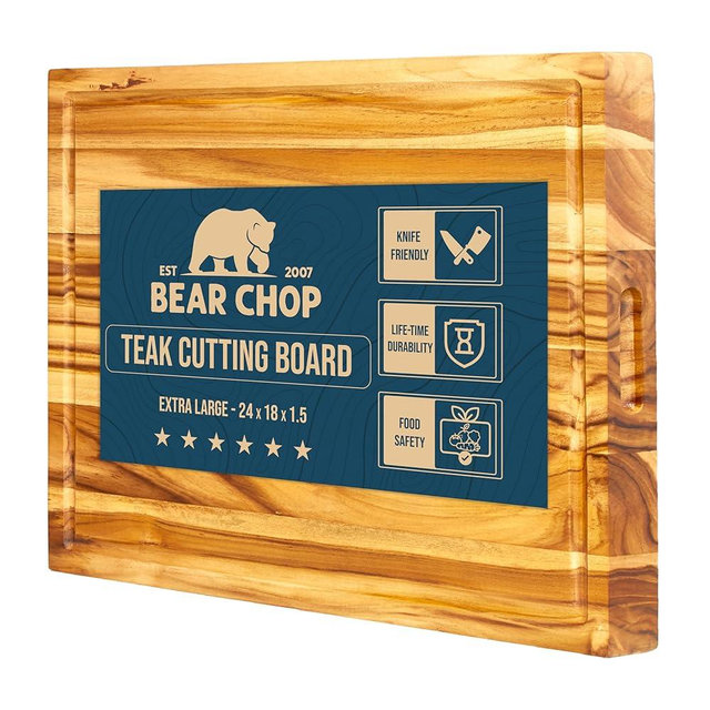 Bearchop Teak Cutting Boards for Kitchen, [24" x 18" x 1.5"] Extra Large Edge Grain Cutting Boards, Solid Teak Wood Butcher Block Cutting Board with Juice Grooves, Handle,Knife Friendly and Reversible