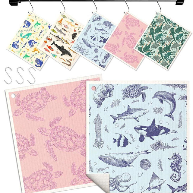 Miss Adola Swedish Dishcloths for Kitchen with Hooks - Reusable Dish Cloths for Washing Dishes Fast Drying Cute Fun 5 Pack Swedish Dish Towels Washable Cleaning Sponge, Deep Sea Fish