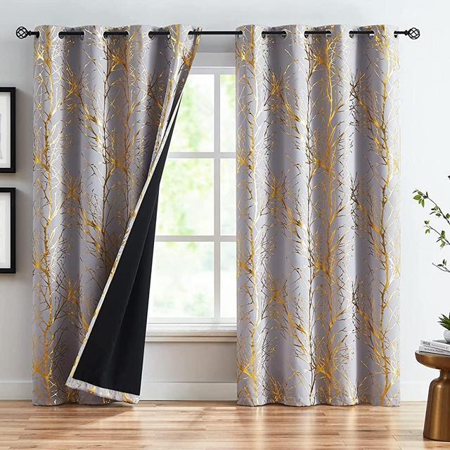 FMFUNCTEX Branch Grey Blackout Curtain Panels for Bedroom 84" Foil Gold Tree Branch Window Curtains Metallic Print Energy Efficient Thermal Curtain Drapes for Guest Living Room Grommet Top 2 Panels