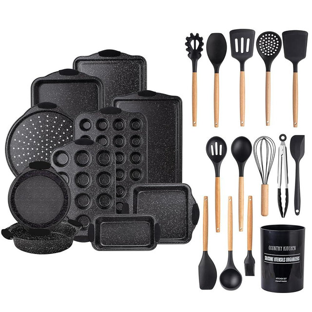 Country Kitchen Baking Pans & Utensils Bundle- 10 Non-stick Baking Pans with 13 Silicone Kitchen Utensils with Wooden Handles (Black)