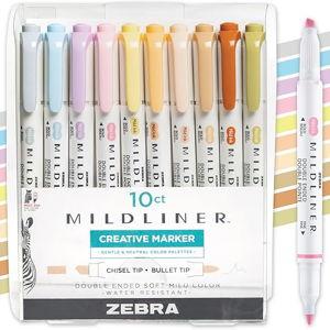 Zebra Pen Mildliner Double-Ended Highlighter Set, Chisel and Bullet Point Tips, Ideal for Bible Highlighting, No Bleed Assorted Neutral and Gentle Ink Colors, 10-Pack (78701)