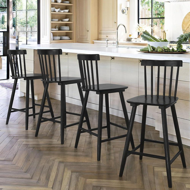 LUE BONA Windsor Wooden Bar Stools Set of 4 for Kitchen Island, Farmhouse 24 Inch Counter Height Stools Chairs with Spindle Back, Black