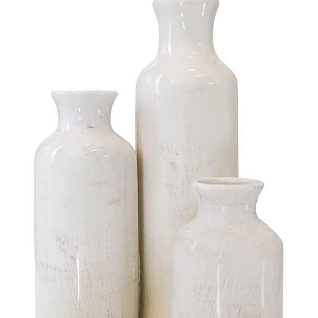 Ceramic Vase Set of Three, Modern Farmhouse Decor with Distressed White/Grey Finish