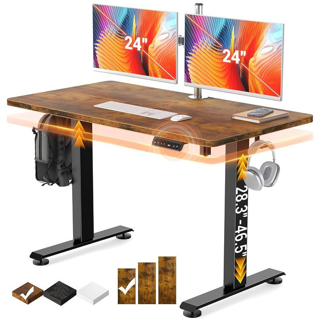 Veken 47.2" Standing Desk Electric, Height Adjustable Sit Stand Up, Wood Desktop, Work Home Office, Computer PC Table, Writing Rising Desks, Brown