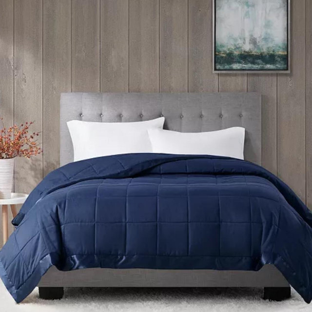 Windom Lightweight Down Alternative Satin Trim Blanket, Quee :Navy