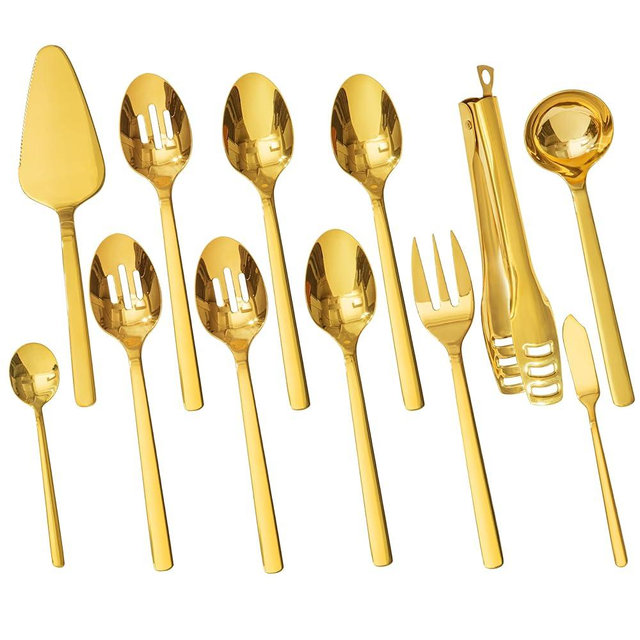 KINGSTONE Large Hostess Gold Serving Utensils Set, 18/10 Stainless Steel -10 inch Serving Spoons, Slotted Spoons, Forks, Tongs, Cake Pie Server, Butter Knife, Sugar spoon for Buffet, Wedding, Party