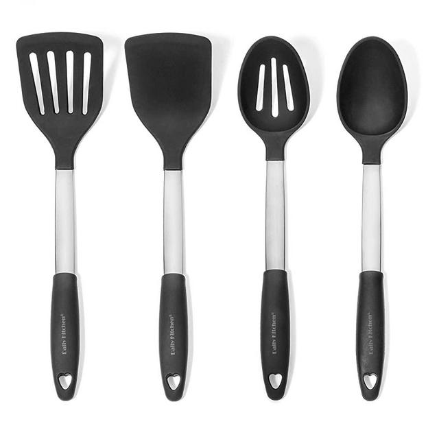 Daily Kitchen Utensil Set Silicone and Stainless Steel - Heat Resistant Cooking Utensils for Non Stick Cookware - Silicone Spatulas and Spoons for Cooking - Kitchen Tools and Gadgets - 4-Piece Set
